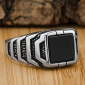 Siyah Kare Oniks Taşlı Desenli 925 Ayar Gümüş Yüzük thumbnail 1