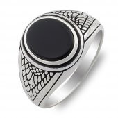 Oval Siyah Oniks Taşlı Desenli 925 Ayar Gümüş Yüzük thumbnail 3