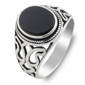 Oval Siyah Oniks Taşlı Desenli 925 Ayar Gümüş Yüzük thumbnail 3