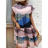 Lucky Life Kadın Kısa Kollu Bisiklet Yaka Kare Desenli Dalgıç Elbise - 1