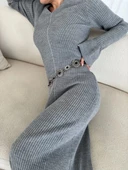 V Yaka Fitilli Uzun Elbise- Gri thumbnail 6