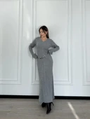 V Yaka Fitilli Uzun Elbise- Gri thumbnail 1