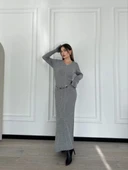 V Yaka Fitilli Uzun Elbise- Gri thumbnail 4