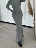 V Yaka Fitilli Uzun Elbise- Gri thumbnail 3