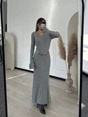 V Yaka Fitilli Uzun Elbise- Gri thumbnail 2