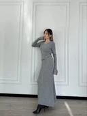 V Yaka Fitilli Uzun Elbise- Gri thumbnail 7