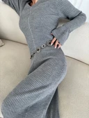 V Yaka Fitilli Uzun Elbise- Gri thumbnail 5