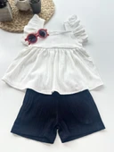 Fırfır Kollu Kız Çocuk Takımı – Ekru Üst & Lacivert Şort - 2