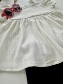 Fırfır Kollu Kız Çocuk Takımı – Ekru Üst & Lacivert Şort - 4