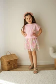 Çiçekli Tüllü Kız Çocuk Elbise Takımı – Pembe thumbnail 1