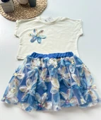 Çiçekli Tüllü Kız Çocuk Elbise Takımı – Mavi - 2