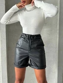 Beli lastikli duble paça deri şort siyah w24755 - 1