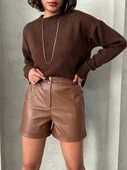 Beli lastikli çıtçıtlı deri şort kahve w241007 - 6