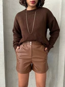 Beli lastikli çıtçıtlı deri şort kahve w241007 - 1
