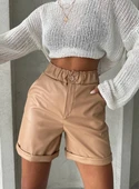 Beli lastikli duble paça deri şort bej w24755 - 5