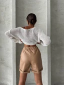 Beli lastikli duble paça deri şort bej w24755 thumbnail 2