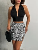 Tek yırtmaçlı zebra desenli deri etek beyazsiyah w24475-S - 1