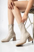 Kadın Marina Krem Bot 7 cm Kalın Topuklu Streç Boots - 1