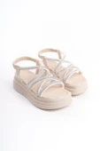 ELENA Lastikli Taşlı Şeritli Ortopedik Taban Kadın Sandalet  CKT - Krem thumbnail 4