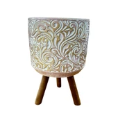 Bitki Tasarımı Ev dekorasyon Gold Çiçek Desenli Beton Saksı Ayaklı Çiçeklik Saksılık thumbnail 3