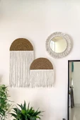 Bohem 3'lü Makrome Hasır Duvar Dekorasyonu Aynalı Duvar Süsü Seti thumbnail 1
