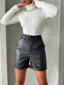 Beli lastikli duble paça deri şort siyah w24755 thumbnail 1