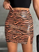 Tek yırtmaçlı zebra desenli deri etek kahvesiyah w24475-S thumbnail 1