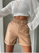 Beli lastikli duble paça deri şort bej w24755 thumbnail 5