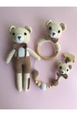 Jaju Baby Kahverengi Ayıcık Set Amigurumi Oyuncak 22 Cm Çıngırak Ve Emzik Zinciri Üçlü Set - 1