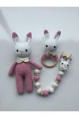 Jaju Baby Amigurumi Pembe Papyonlu Tavşan 29 Cm Çıngırak Ve Emzik Zinciri Üçlü Set - 1