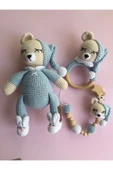 Jaju Baby Amigurumi Bebe Mavisi Uykucu Ayıcık 22 Cm Çıngırak Ve Emzik Zinciri Üçlü Set - 1