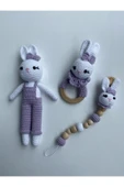Jaju Baby Amigurumi Mor Tavşan 29 Cm Çıngırak Ve Emzik Zinciri Üçlü Set - 1