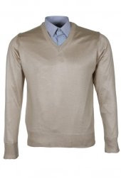 Erkek Yünlü Kazak V Yaka Normal Klasik Kesim Krem Renk RAR00815 - 1