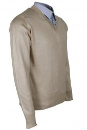 Erkek Yünlü Kazak V Yaka Normal Klasik Kesim Krem Renk RAR00815 - 2