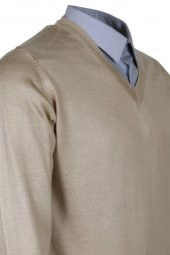 Erkek Yünlü Kazak V Yaka Normal Klasik Kesim Krem Renk RAR00815 - 4