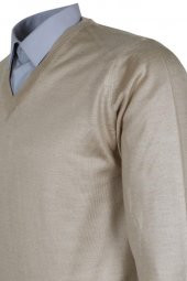 Erkek Yünlü Kazak V Yaka Normal Klasik Kesim Krem Renk RAR00815 - 5