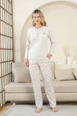 Kadın Gri Kalp Desenli Düğmeli Likralı Viskon Uzun Kol Cepli Pijama Takımı - 1