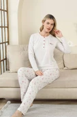 Kadın Gri Kalp Desenli Düğmeli Likralı Viskon Uzun Kol Cepli Pijama Takımı - 2