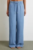 Beli Lastikli Bağcıklı Geniş Paça Pantolon Mavi thumbnail 4