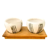 Bitki Tasarımı Ev dekorasyon Aksesuar Bej Çizgili Eskitme Toprak Saksı İkili Ahşap Tabanlı Çiçeklik Saksı Saksılık thumbnail 2