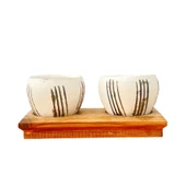 Bitki Tasarımı Ev dekorasyon Aksesuar Bej Çizgili Eskitme Toprak Saksı İkili Ahşap Tabanlı Çiçeklik Saksı Saksılık thumbnail 4