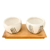 Bitki Tasarımı Ev dekorasyon Aksesuar Bej Çizgili Eskitme Toprak Saksı İkili Ahşap Tabanlı Çiçeklik Saksı Saksılık thumbnail 3