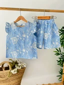 Gök Joy Kız Çocuk Çiçek Desenli Takım – Mavi - 1