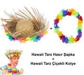 Hawaii Tarzı Tropikal Çiçekli Hasır Şapka ve Çiçekli Hawaii Kolye (5047) - 1