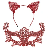 Romantik Kırmızı Dantel Maske Seti - Kedi Kulaklı Taç ve Maske 3 No (5047) thumbnail 2