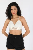 Örgü Kroşe Sırt Bağlamalı  Krem Şık Kadın Örme Kuplu Bralet Büstiyer - 2