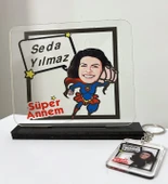Anneler Günü Özel Süper Anne Karikatür Pleksi Plak Tablo Anahtarlık Hediyeli - 1