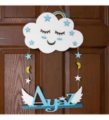 Meşgalem Gülümseyen Mavi Bulut ve Melek Kanatlı Temalı Kişiye Özel Kapı Süsü thumbnail 1