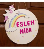 İsme Özel Unicorn Tasarımlı Gökkuşağı Çocuk Odası Kapı Süsü thumbnail 1