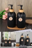 Tilbe Home 2’li Siyah Retro Dekoratif Mutfak Banyo Sıvı Cam Sabunluk Seti 500ml Bambu Stantlı Sabunluk Seti - 5
